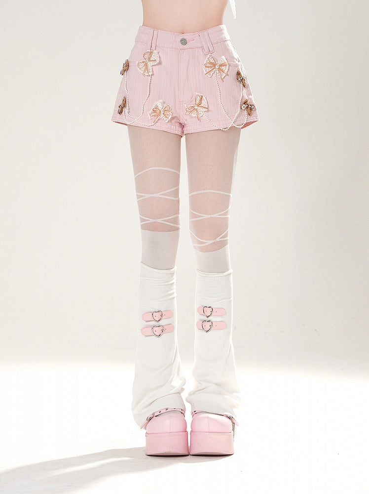 Dark Gray/White/Pink Bowknots Embellished Shorts with Beaded Chains