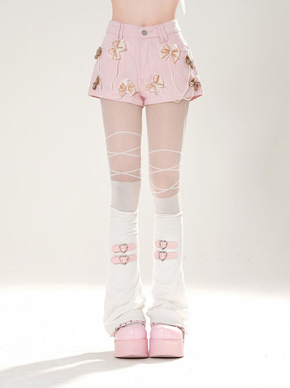 Dark Gray/White/Pink Bowknots Embellished Shorts with Beaded Chains