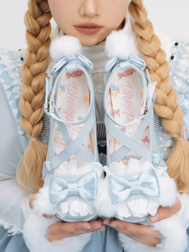 Blue Crisscross Design Plush Bunny Ear Decorated Bow at Top Platforms With Pompon