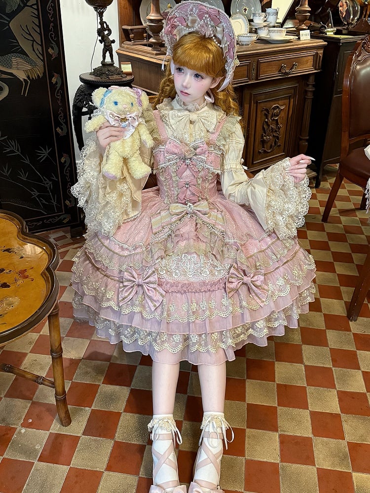 Pink Flower Bead Chain Bow Neckline Gorgeous Princess Lolita Dress