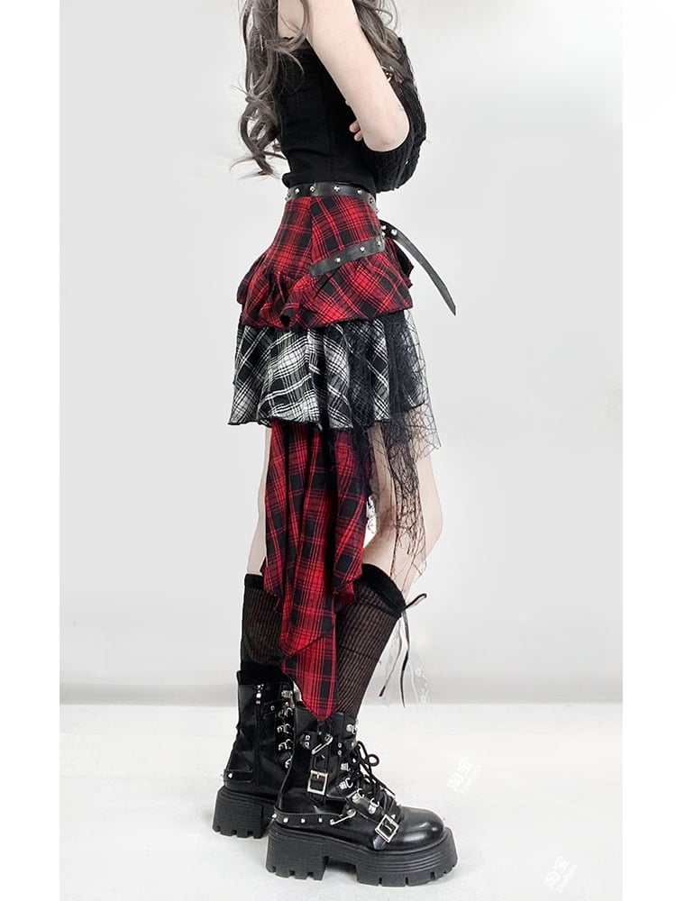 Clearance-Size M for Waist 76CM Y2K Red Plaid Asymmetrical Hem Tiered Punk Glamorous Skirt