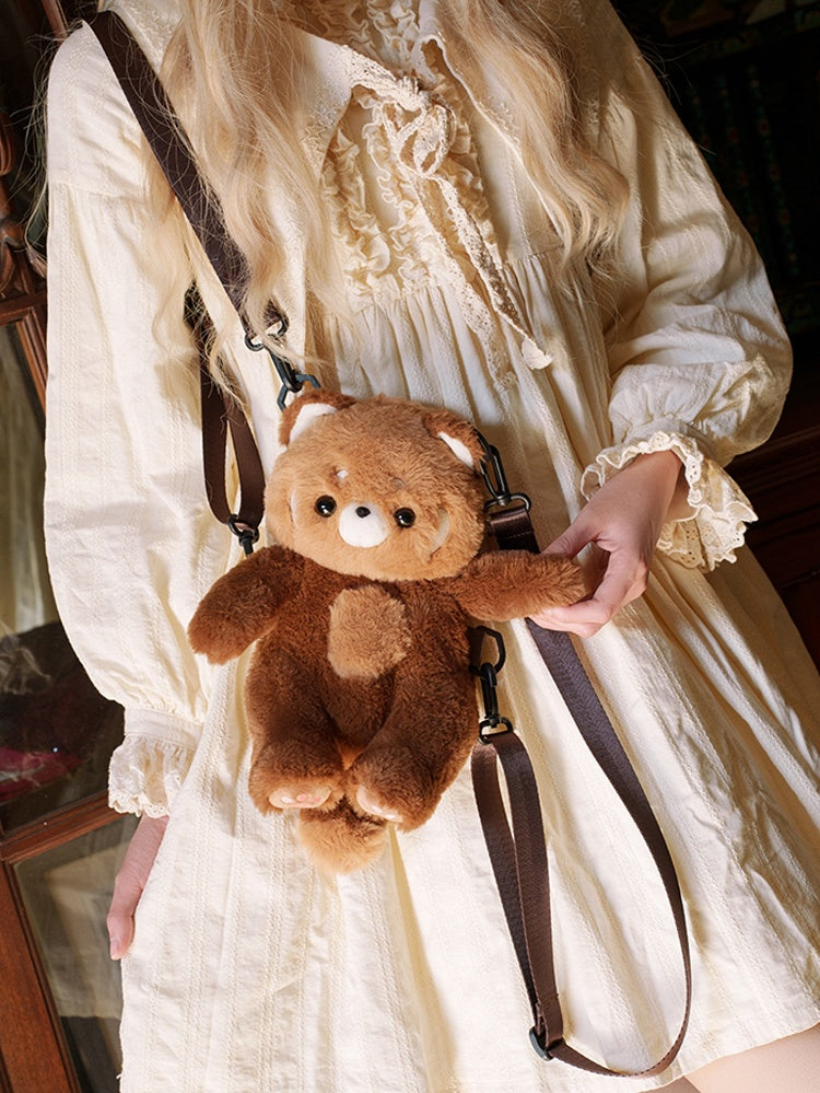 Brown Cute Plush Red Panda Backpack + Overall Pants Middle/Large Size