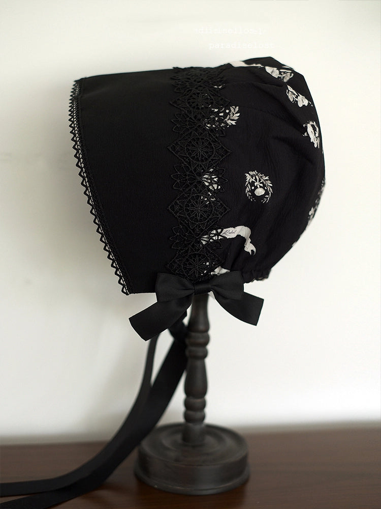 Bunny Print Black Dark Lolita Bonnet