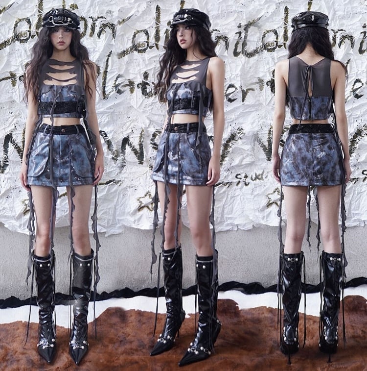 Wasteland Punk Tassel Design Navy Blue PU Skirt