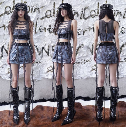 Wasteland Punk Tassel Design Navy Blue PU Skirt