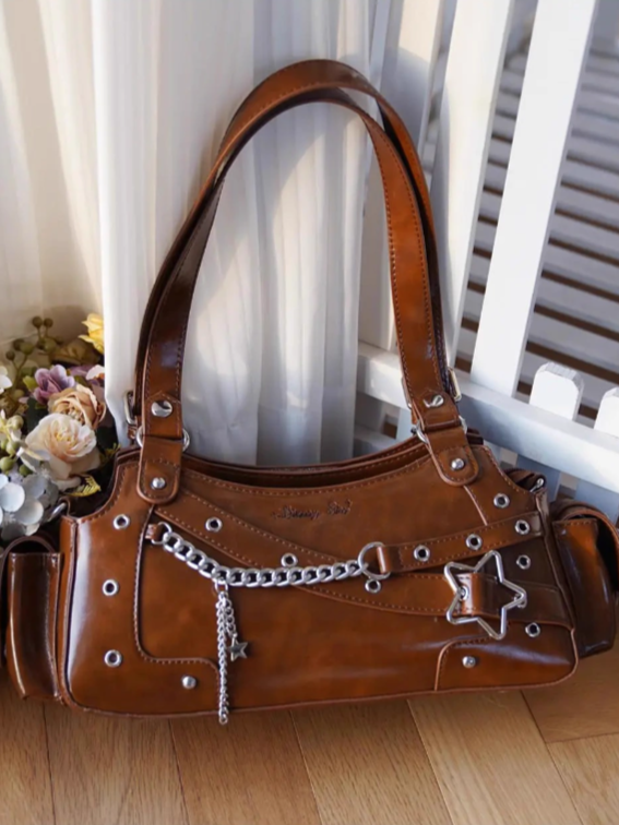 Brown PU Y2K Shoulder Ita Bag With Star Charm