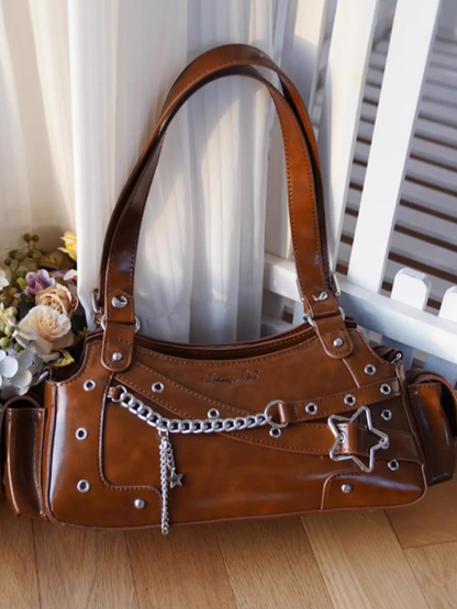 Brown PU Y2K Shoulder Ita Bag With Star Charm