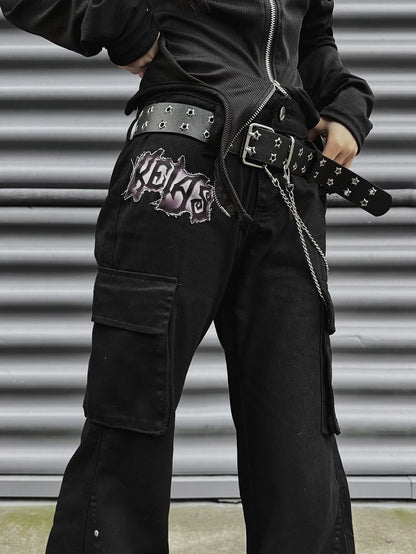 Punk Black Letter Patch Cargo Pockets Design Low Waist Fishtail Pants with Belt