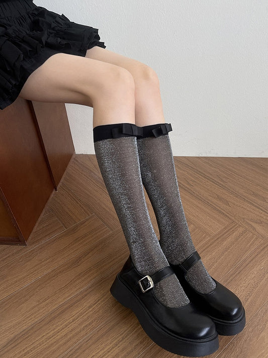 Light Grey/Black Bowknot Details Semi-sheer Underknee Stockings