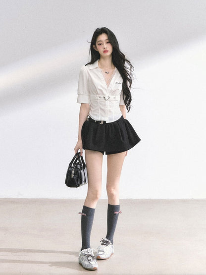 Black Stripes/White V-neck Heart Buckle Strap Short Sleeves Shirt