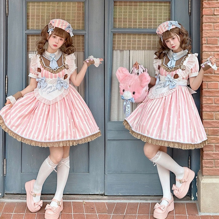 Hugging Bear Heart Buckle Pink Bow at Top Platform Mary Janes with Velcro Strap