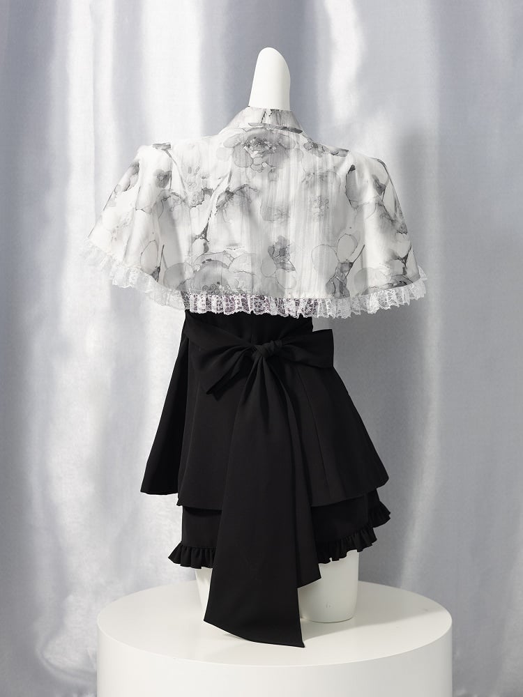 Jirai Kei Three Pieces Set Short Puff Sleeves Top Black Shorts and Grey Floral Print Cape