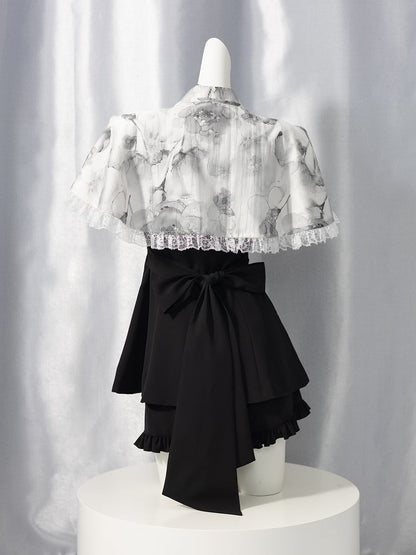 Jirai Kei Three Pieces Set Short Puff Sleeves Top Black Shorts and Grey Floral Print Cape