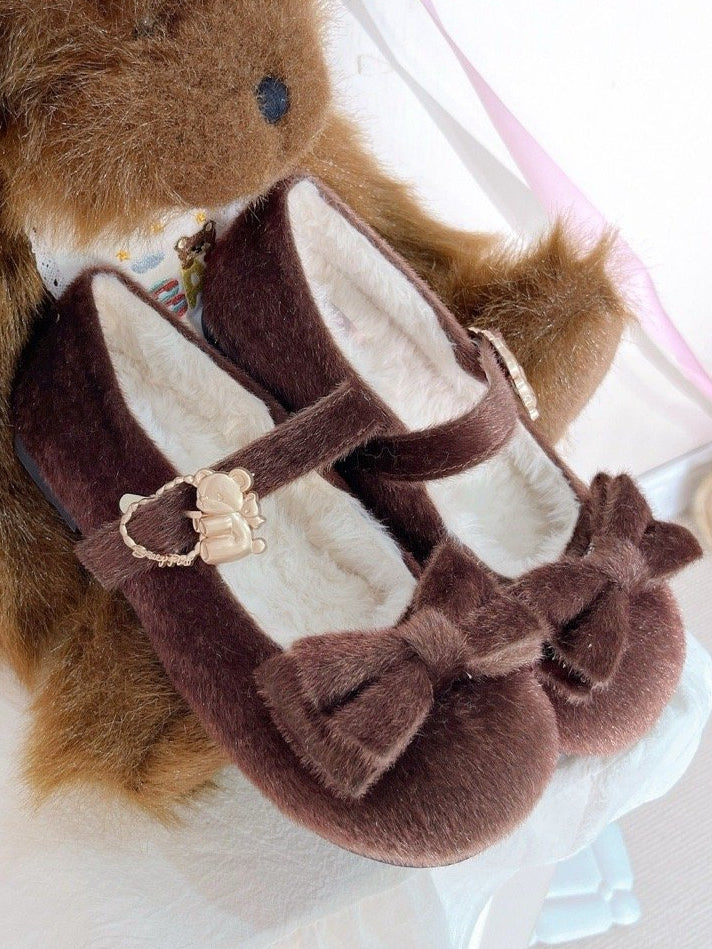 Brown Sweet Lolita Plush Shoes in Regular/Thicken Version - Delicate Bow Accents with Hugging Bear Heart Fasteners