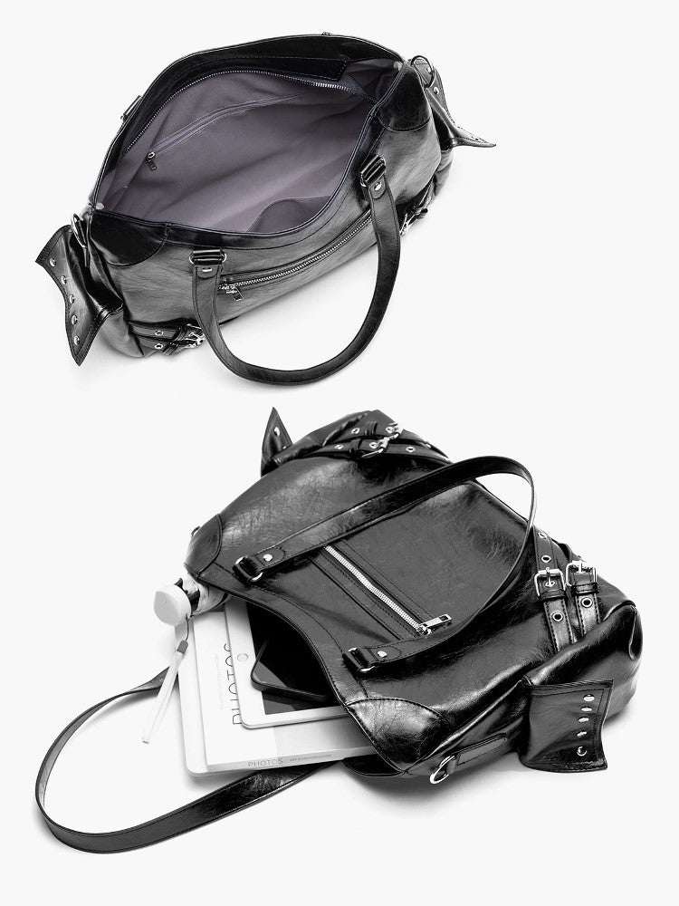 Black Studded Tote Bag With Buckle Strap Accents&Large Capacity