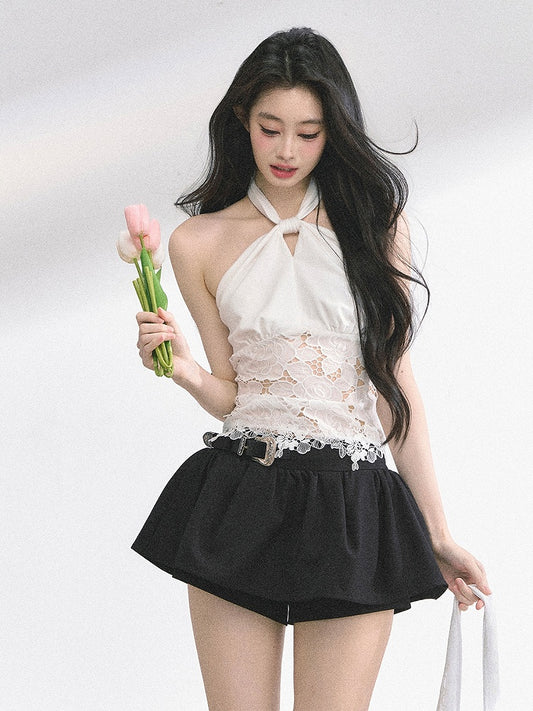 White Lace Patches Waist Self-tie Halter Neck Backless Top