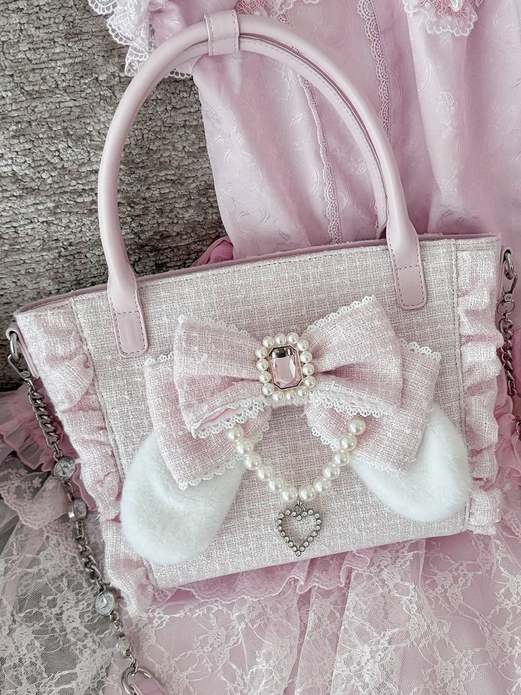 Pink Elegant Lolita Shoulder/Crossbody/Handbag - Plush Bunny Ear Bow, Rhinestone Heart & Beaded Chain Charm