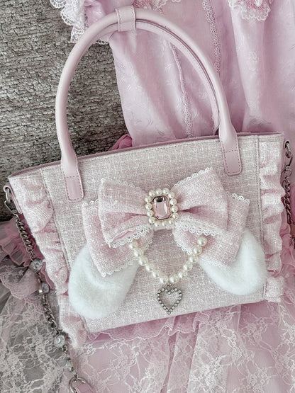 Pink Elegant Lolita Shoulder/Crossbody/Handbag - Plush Bunny Ear Bow, Rhinestone Heart & Beaded Chain Charm