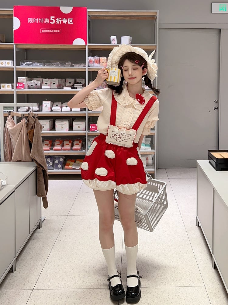 Fleece White Spot Applique Red Sweet Lolita Mushroom Bubble Short with Detachable Straps
