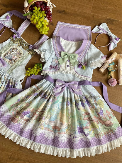 Cute Parrot and Grapes Print Sweet Lolita Short Sleeves Dress Fake Two-pieces Design