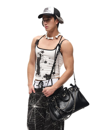 Black Stud Details Large Capacity PU Crossbody Tote Bag Multiple Shoulder Straps