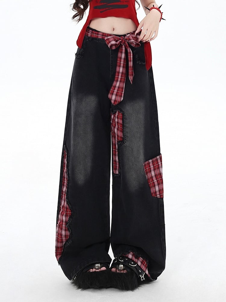 Red Plaid Bowknot Wide-leg Cut High Street Black Jeans