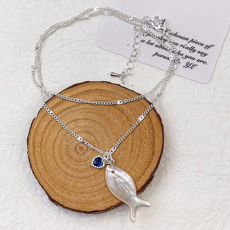 Blue/White Y2K Bittersweet Fish And Rhinestone Heart Pendant Necklace