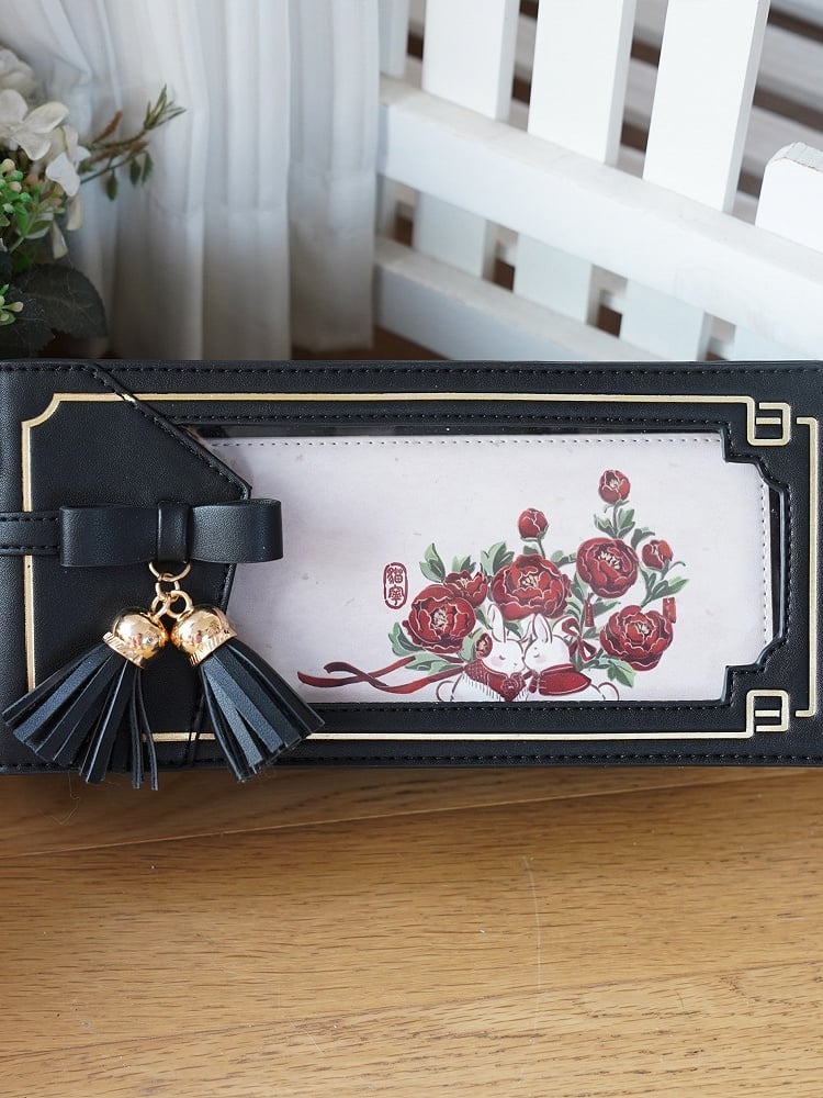 Black PU Floral Pattern Cheongsam Style Ita Bag With Bow & Fringe Accent