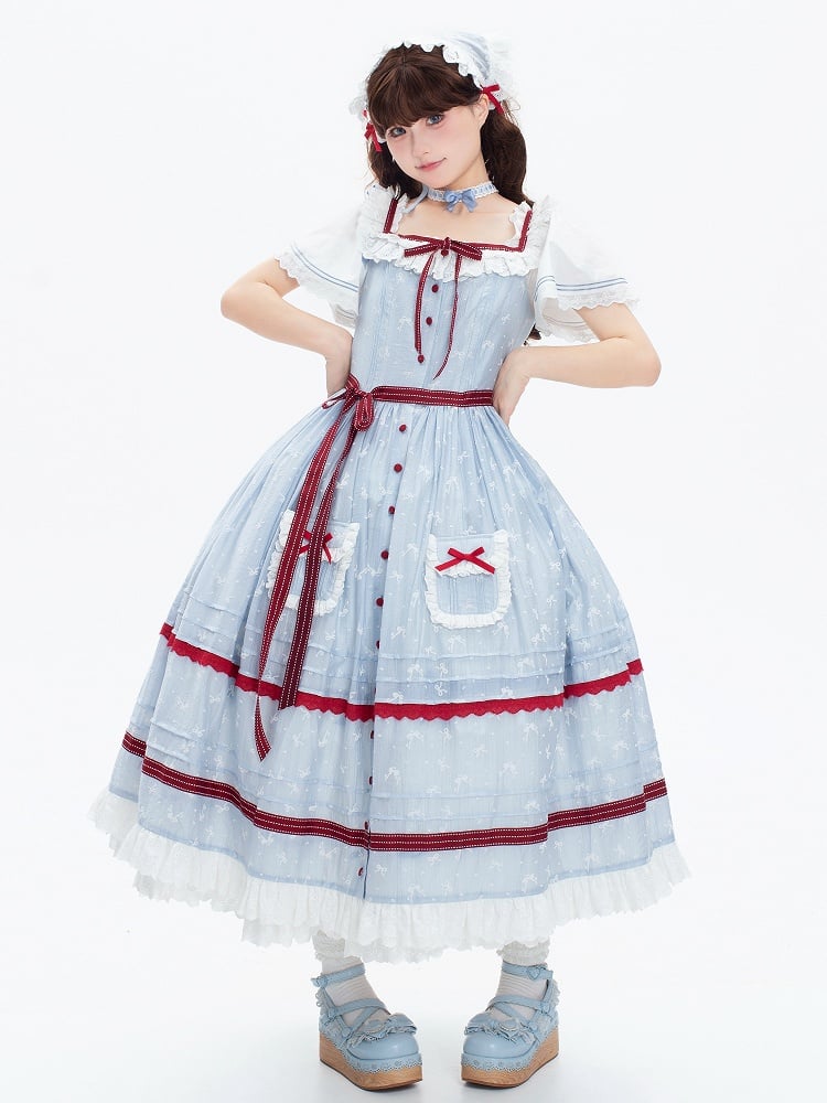 Plus Sizes Available Small Bows Fabric Blue and Red Front Button Placket Classic Lolita JSK