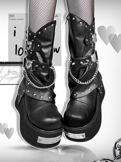 Punk Silver-tone Studs Black Gothic Platform Boots