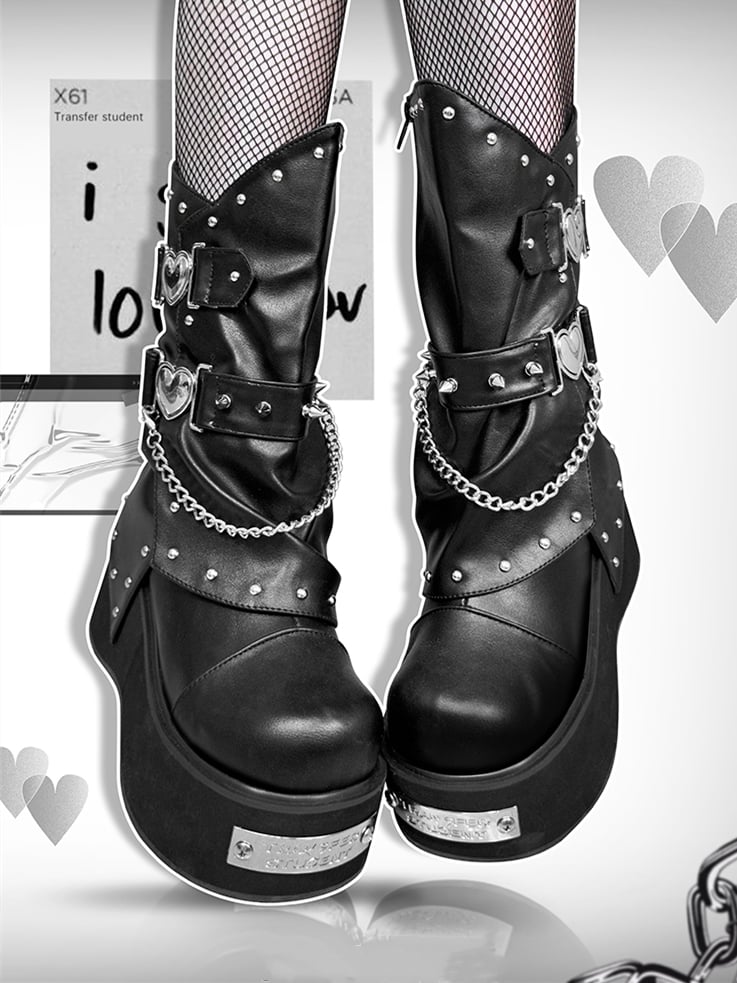 Punk Silver-tone Studs Black Gothic Platform Boots