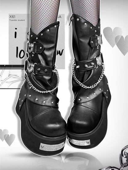Punk Silver-tone Studs Black Gothic Platform Boots