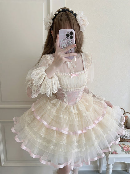 Pink Bows Print Basque Waist Balletcore Lolita Jumper Skirt