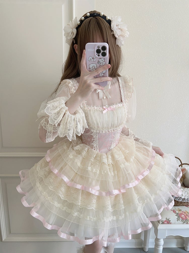Pink Bows Print Basque Waist Balletcore Lolita Jumper Skirt