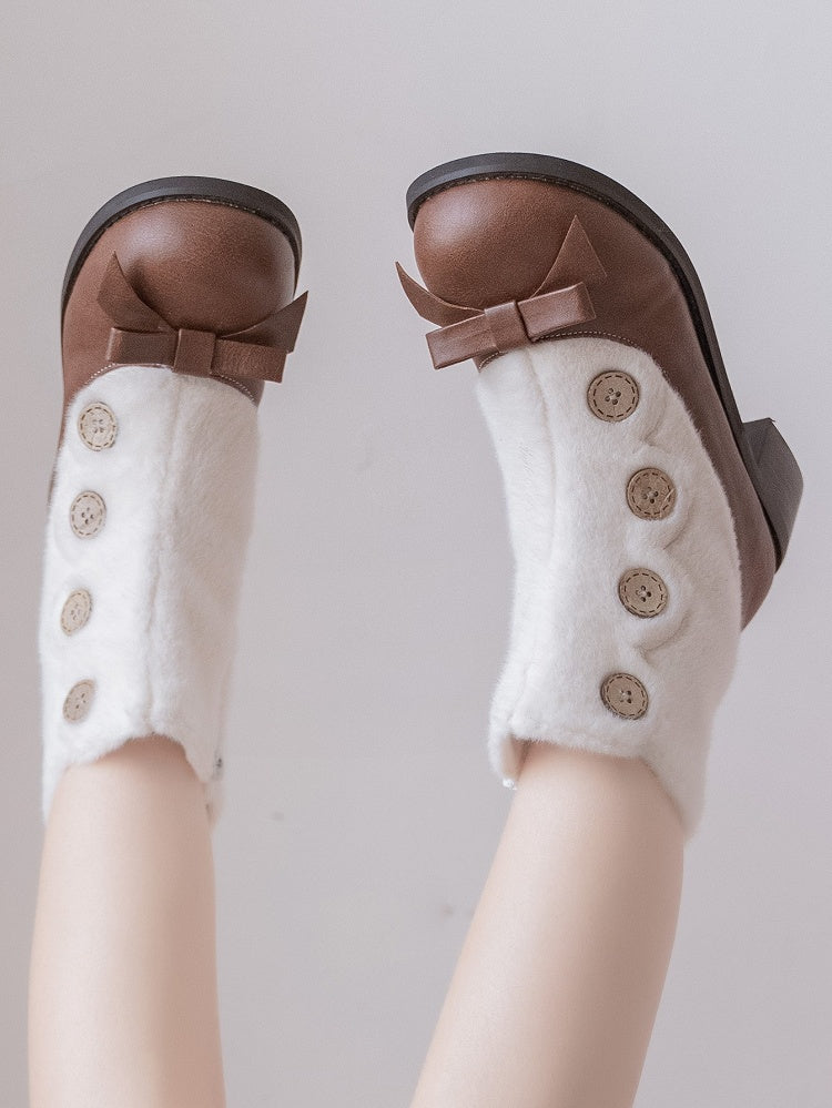 Brown & White Elegant Lolita 4cm/6cm Mid-heel Winter Boots - Plush Lining with Button Accents, Bow Details & Inner Zipper