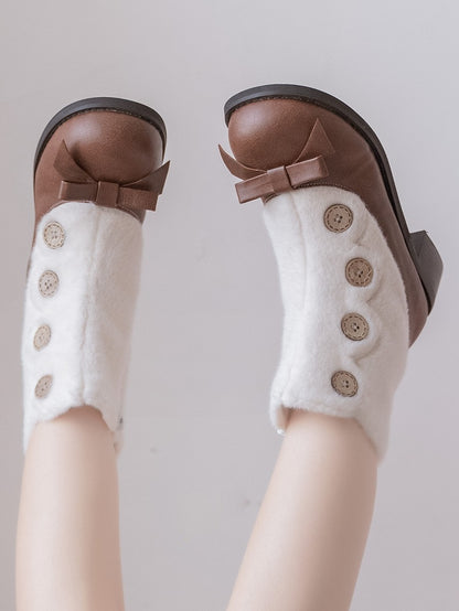 Brown & White Elegant Lolita 4cm/6cm Mid-heel Winter Boots - Plush Lining with Button Accents, Bow Details & Inner Zipper