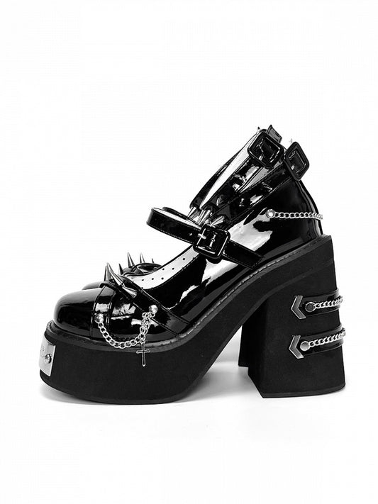 Studs and Chains Black Gothic Punk Platform Block High Heels Ankle Straps