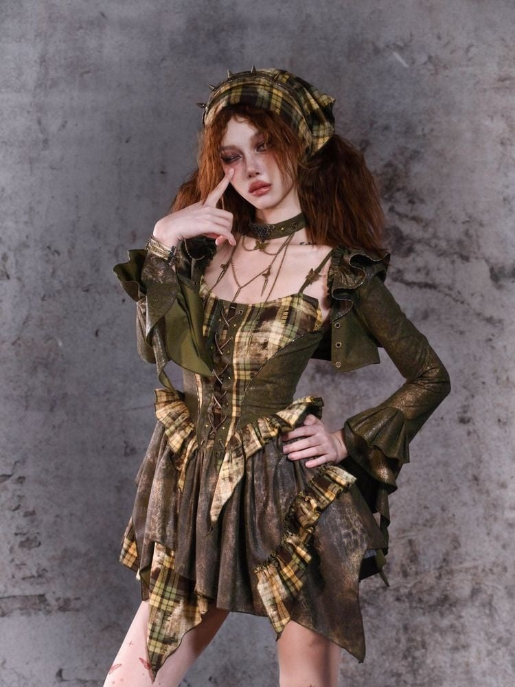 Green Plaid Handkerchief Hem Cami Dress with Lace-up Detail at Front