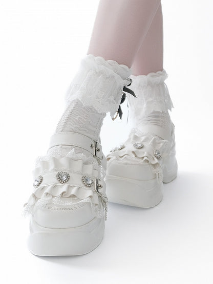 White Bittersweet Rhinestone Heart Details Cross Charm Ruffles Trim Platforms