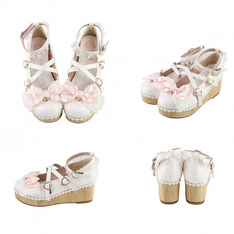 White Bow at Top Crisscross Design Heart Buckles Lace Trim Platforms