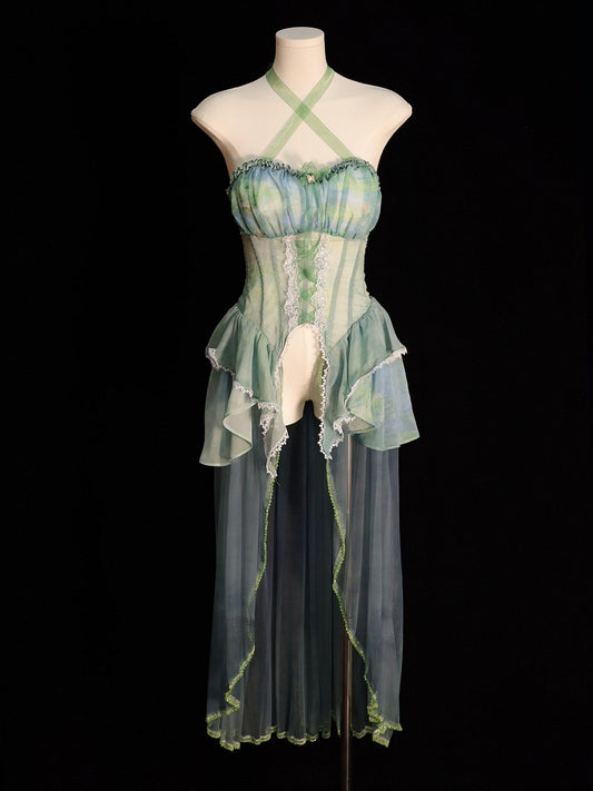 Green Fairy Oil Painting Print Tiered Flounce Hem Halter Boned Corset Top