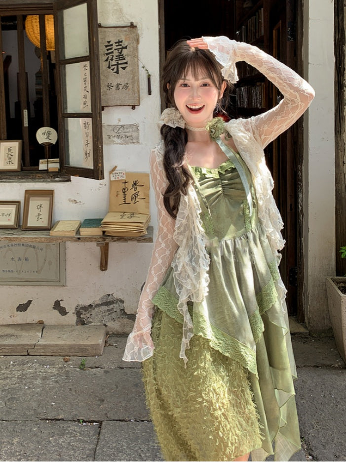 Green Handkerchief Hem Mori Kei Cami Dress with Self-tie Shoulder Straps