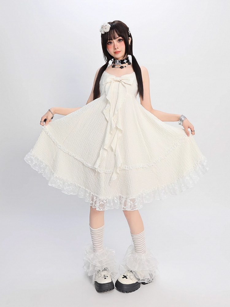 Apricot Big Bow Neckline Lace Trim Cami Dress Bubble Skirt