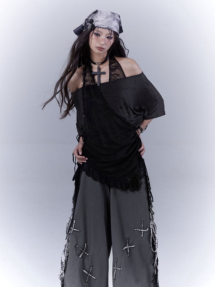 Black Cross Rhinestone Curved Hem Halter Neck T-shirt