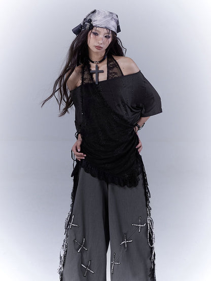 Black Cross Rhinestone Curved Hem Halter Neck T-shirt