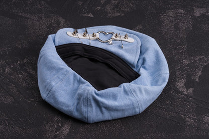 Handmade Light Blue Studs and Pins Denim Beret