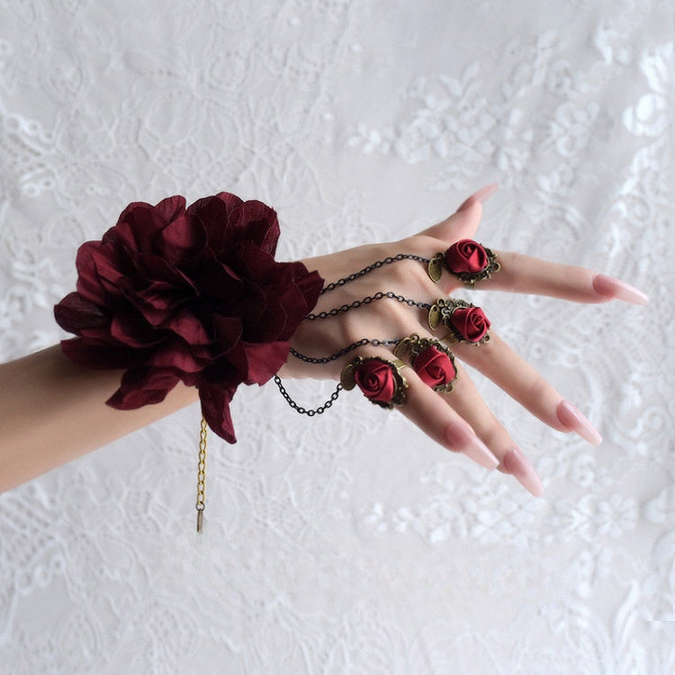 Gothic Lolita Wine Red Rosette Bracelet with Chain