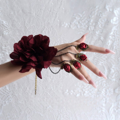 Gothic Lolita Wine Red Rosette Bracelet with Chain