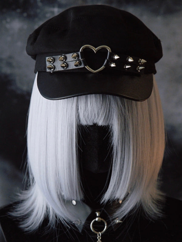 Black Gothic Heart Ring Studs Details Beret Hat
