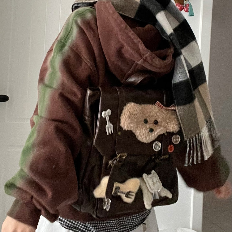 Vintage Brown Y2K Backpack | Preppy Style with Fold-Over Flap & Plush Puppy